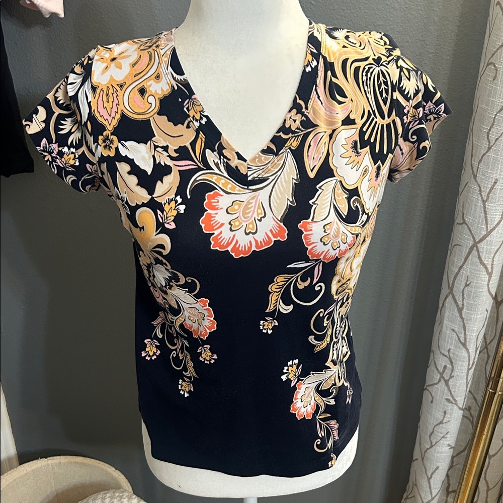 Chico's Navy and Peach Floral Short Sleeve Top
